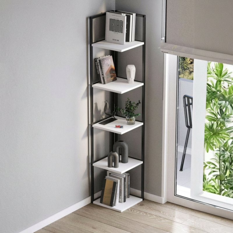 Tall narrow bookcase: black frame with white shelves for books and decor