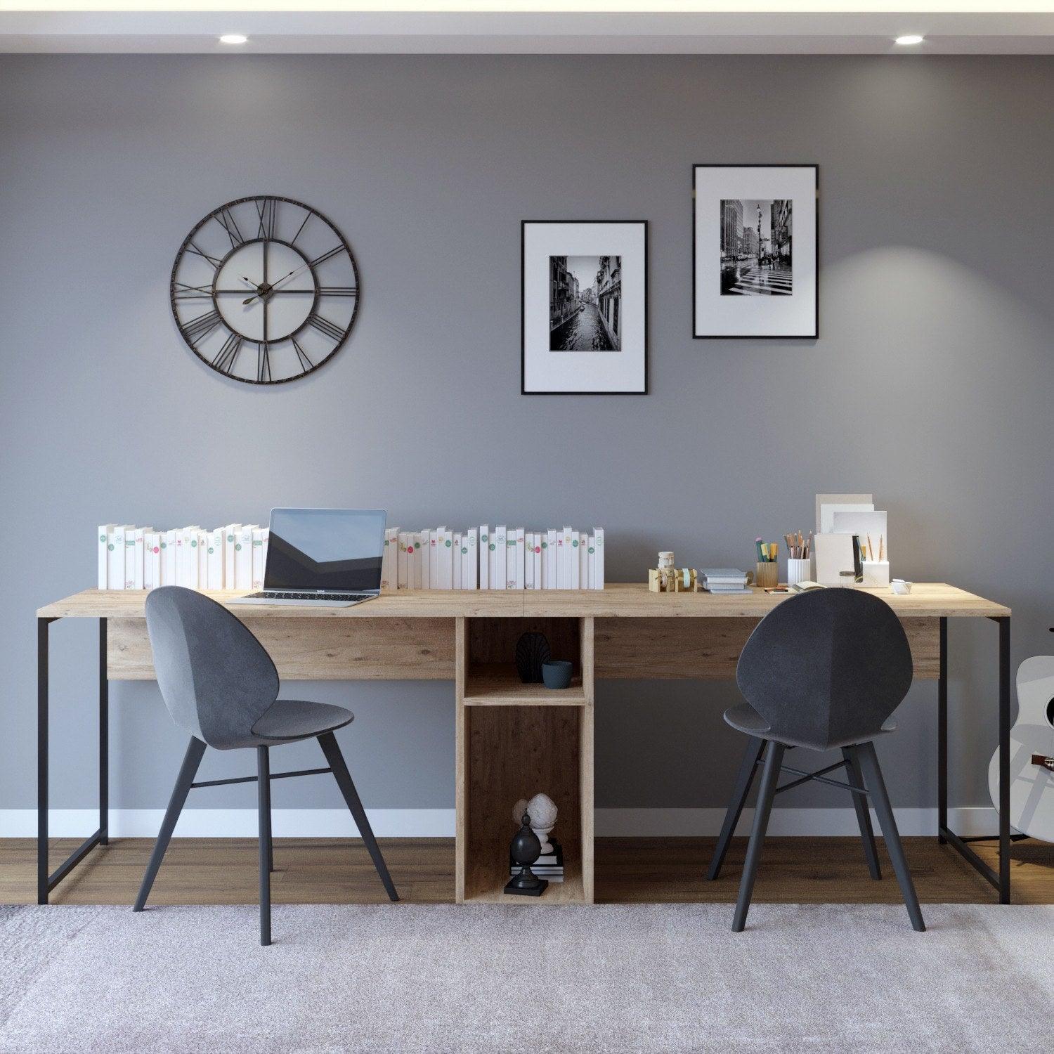 Wood-effect desk with metal frame, open cubby and shelf beneath the worktop