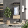 Black metal clothing stand with hanging bar, mesh back top, and light wood shelves