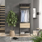 Black metal clothing stand with hanging bar, mesh back top, and light wood shelves