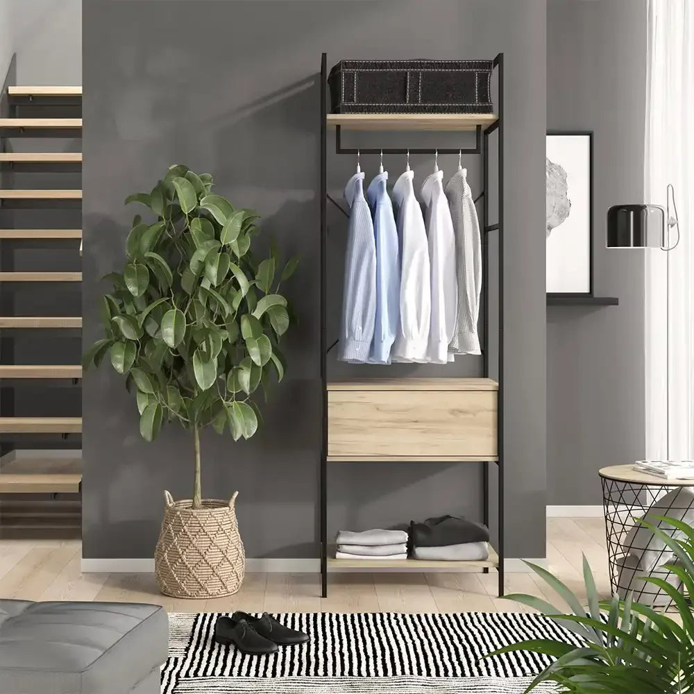 Black metal clothing stand with hanging bar, mesh back top, and light wood shelves