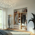 Light oak MDF dressing wardrobe with hanging rail, shelves, and drawers, open closet