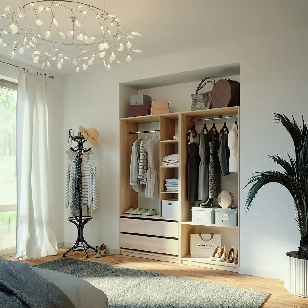Light oak MDF dressing wardrobe with hanging rail, shelves, and drawers, open closet