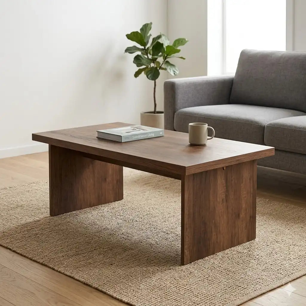 Catherine coffee table in MDF with dark wood-look finish, rectangular top and pedestal legs