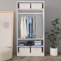 White MDF wardrobe dressing cabinet with top drawers, hanging rail, shelves and bins