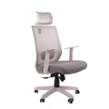 Gray mesh manager chair with padded seat, adjustable armrests, and wheeled base