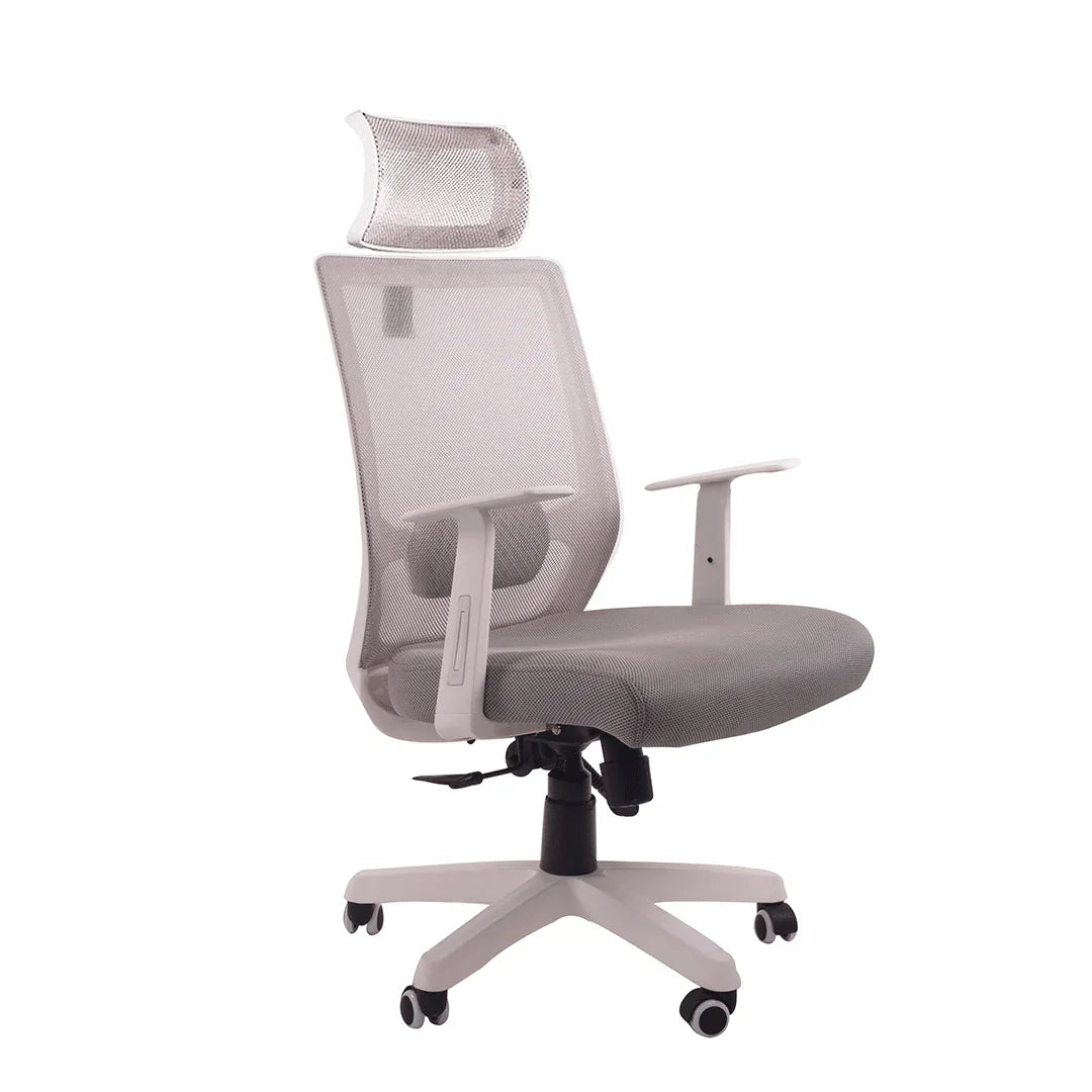 Gray mesh manager chair with padded seat, adjustable armrests, and wheeled base
