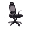 Black manager chair with mesh back, padded seat, adjustable armrests, and wheeled base