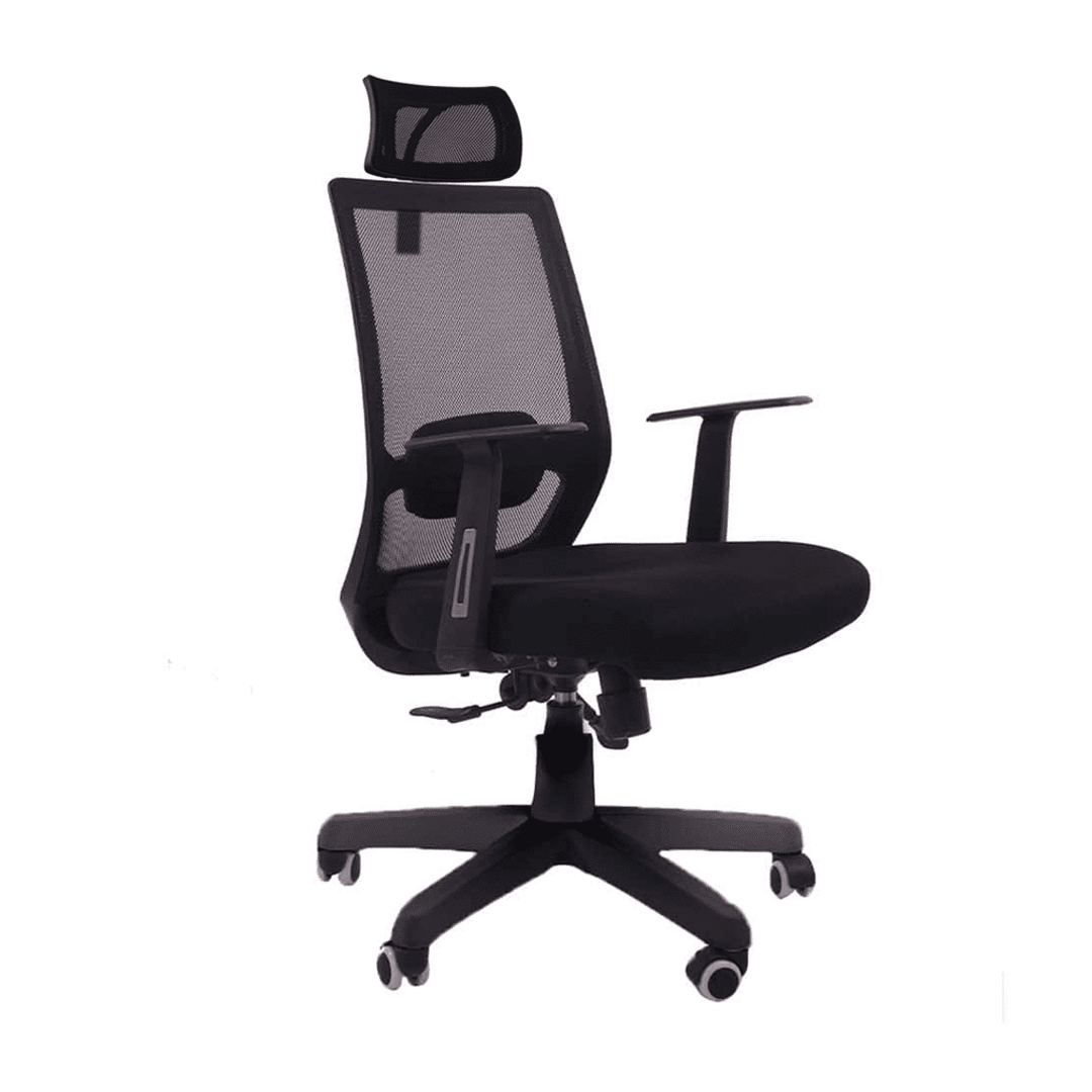 Black manager chair with mesh back, padded seat, adjustable armrests, and wheeled base