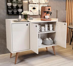White coffee corner cabinet with open storage, shelves holding stacked cups and plates