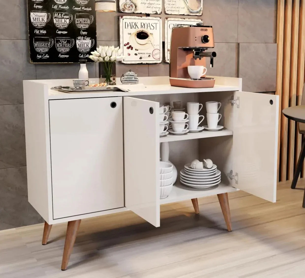 White coffee corner cabinet with open storage, shelves holding stacked cups and plates