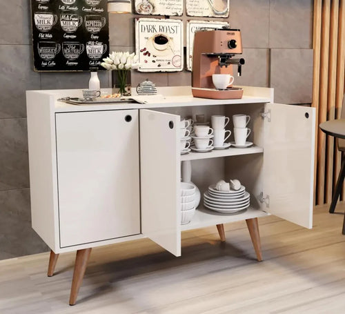 White coffee corner cabinet with open storage, shelves holding stacked cups and plates