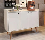 White MDF coffee corner cabinet with three doors, coffee machine on top, 120x40x90cm