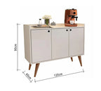 Coffee corner cabinet, white MDF, three front doors; shows 120cm x 40cm x 90cm size