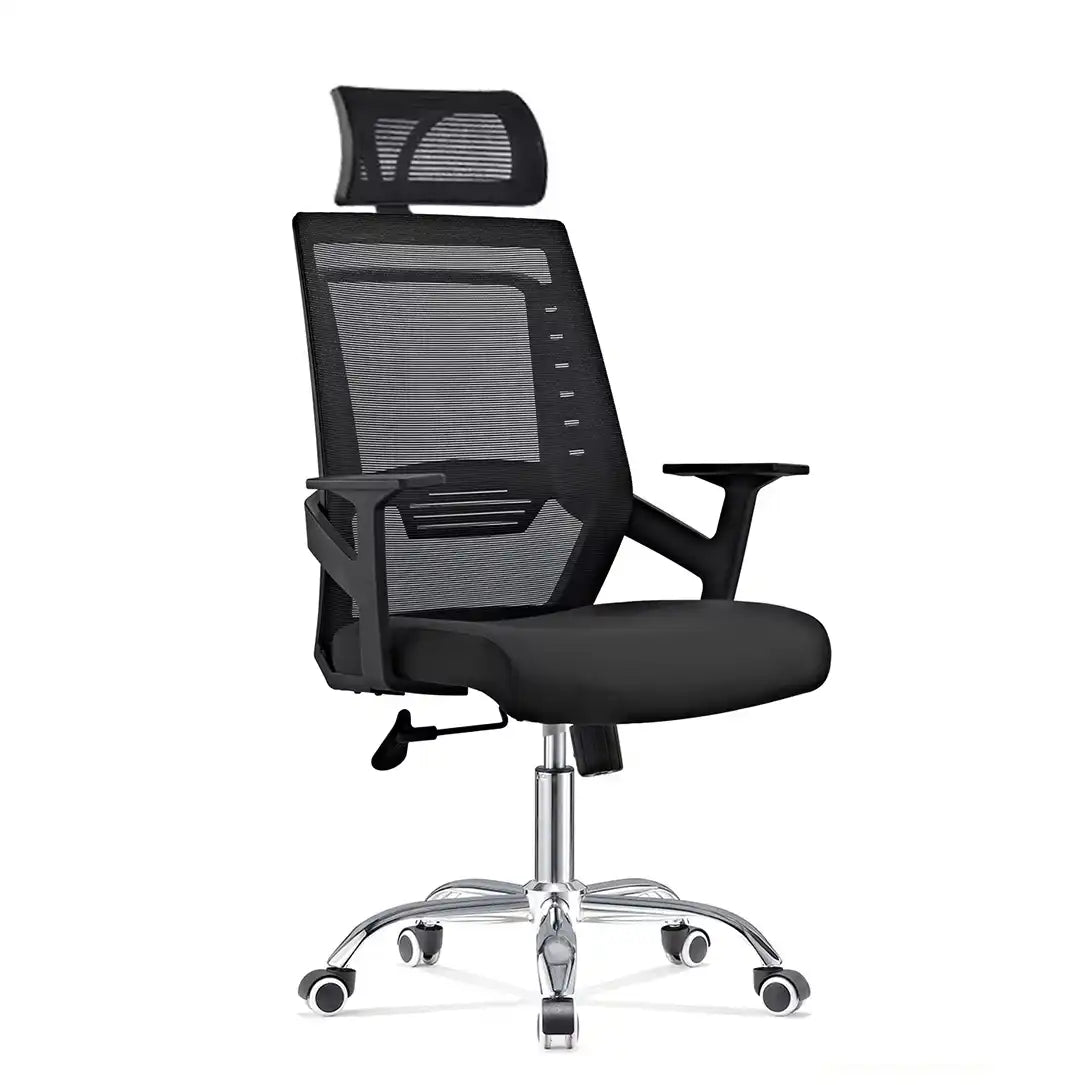 Black mesh manager chair with padded seat, adjustable armrests, chrome base and rolling casters