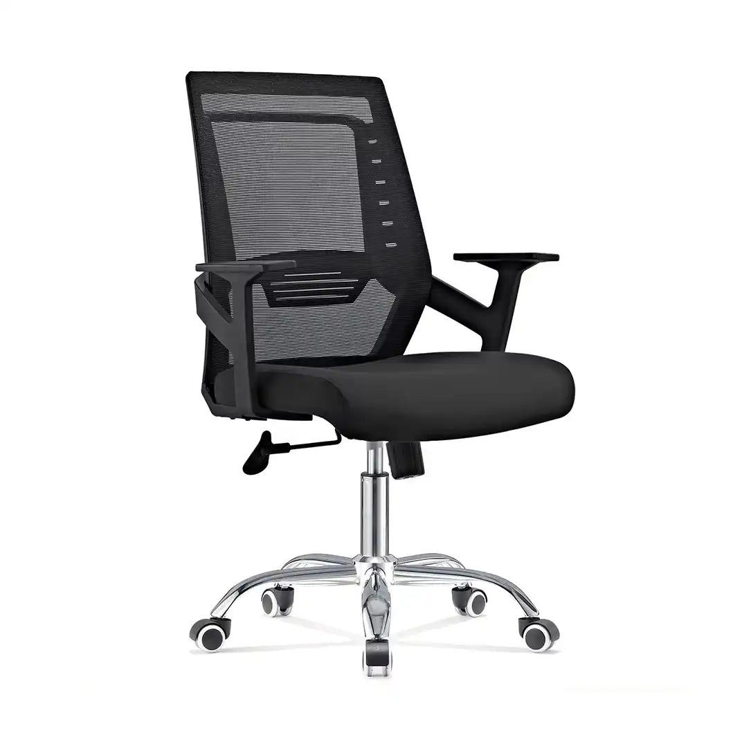 Black office chair with mesh back, padded seat, armrests, and caster wheels