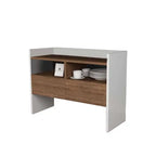 White MDF coffee cabinet with light-wood front panels, open storage and two drawer-like doors