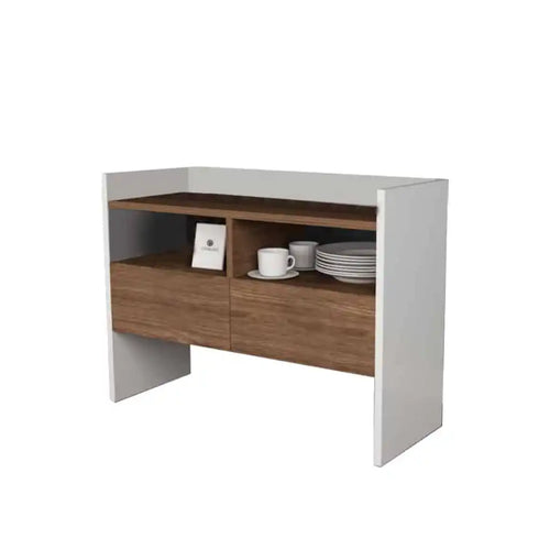 White MDF coffee cabinet with light-wood front panels, open storage and two drawer-like doors