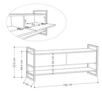 TV table size 130x40x57.5 cm diagram; metal frame with two drawers and shelves