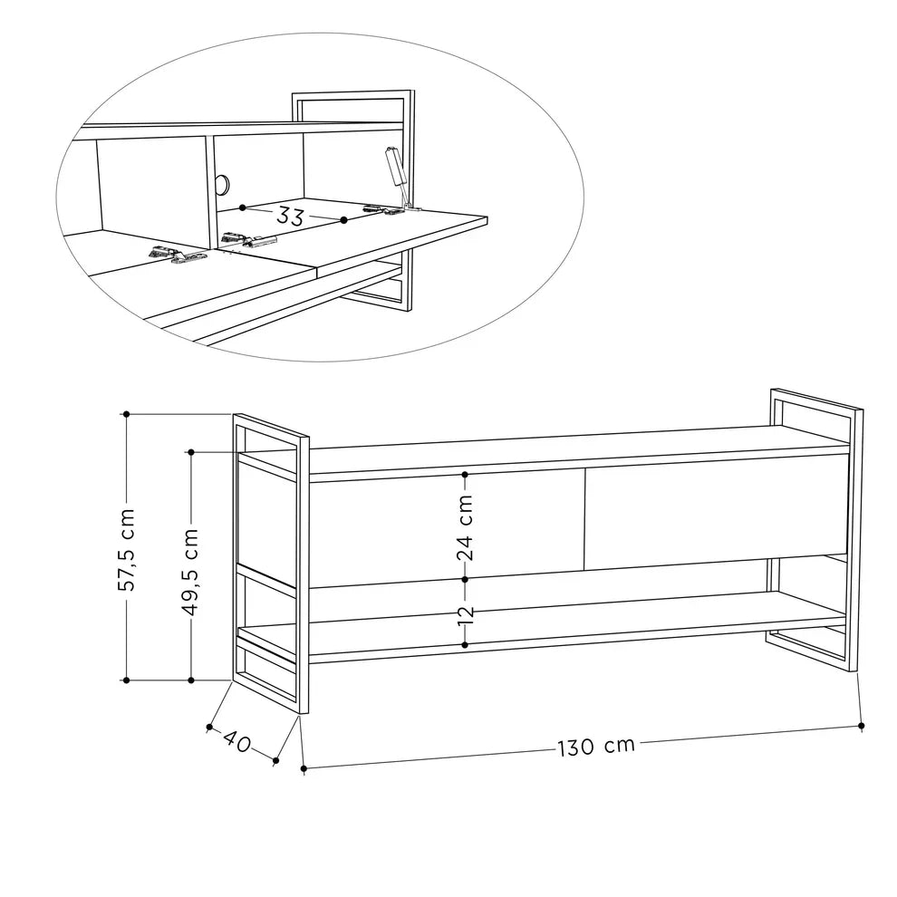 TV table size 130x40x57.5 cm diagram; metal frame with two drawers and shelves