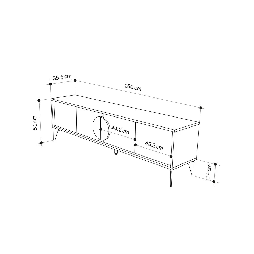 T18 TV table dimensions diagram: 180cm wide, 51cm high, 35.6cm deep