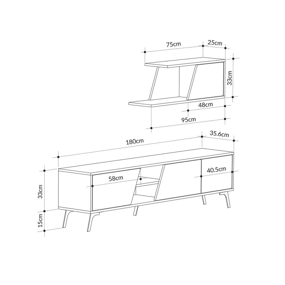 TV unit dimensions diagram: 180 x 35.6 x 48 cm