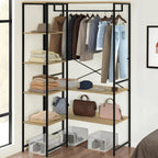 Metal clothes stand featuring hanging rail above and MDF shelves below