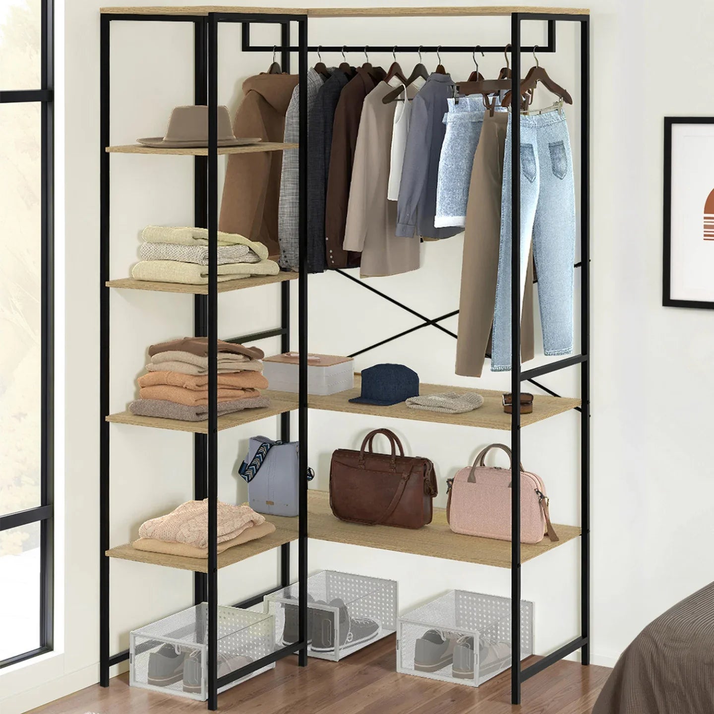 Metal clothes stand featuring hanging rail above and MDF shelves below