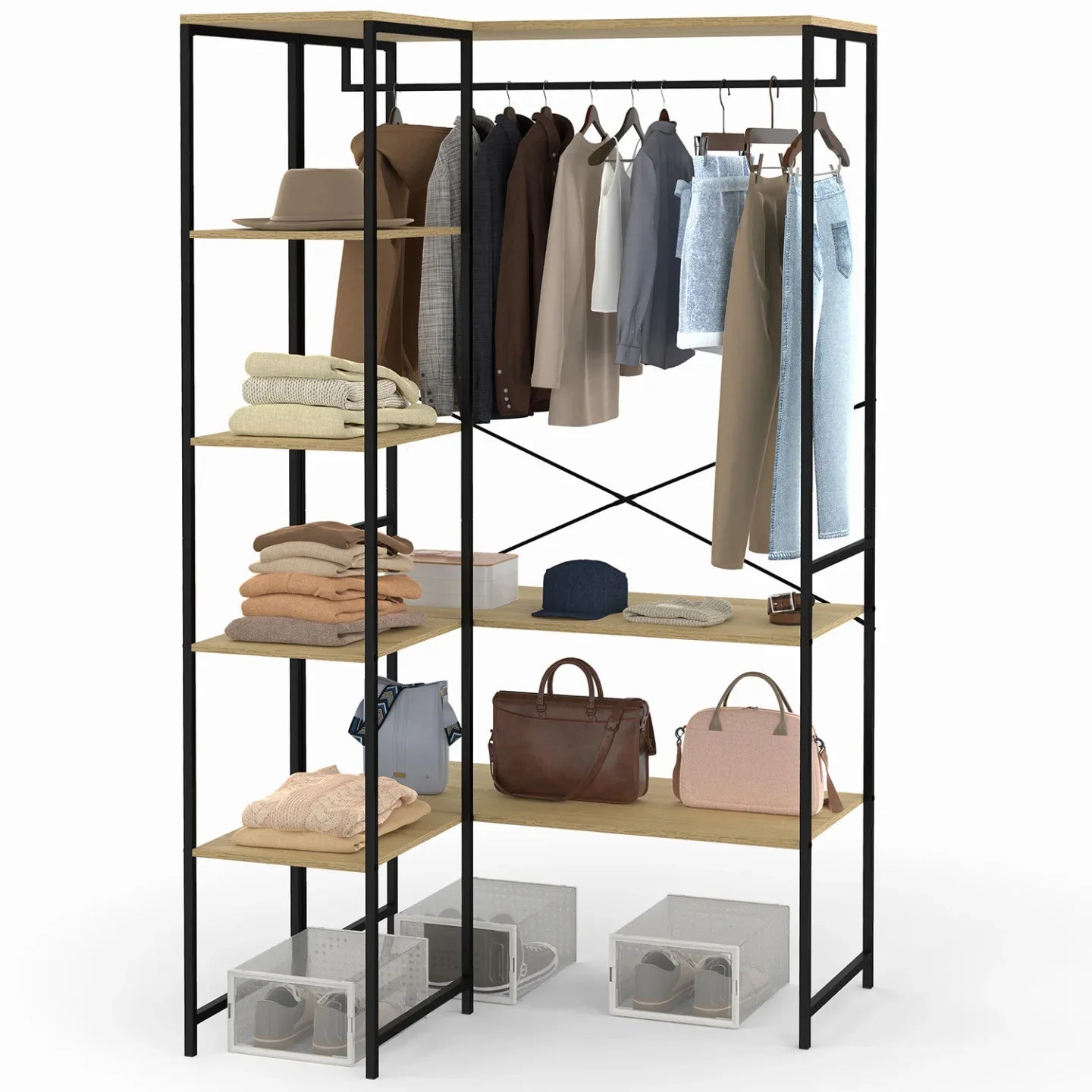 Clothes stand with black metal frame, hanging rod, and light wood MDF shelves