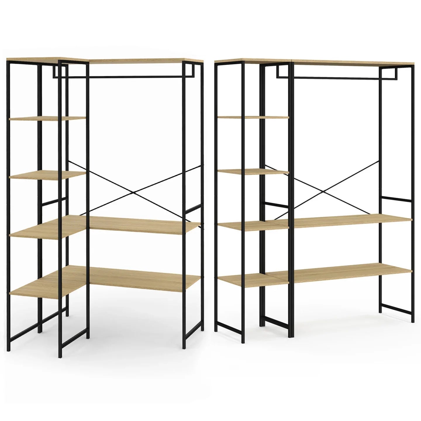 Freestanding clothing rack with black metal grid frame and four-tier MDF shelves