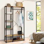 Clothes stand with metal frame, wooden shelves and hanging garments on side rails
