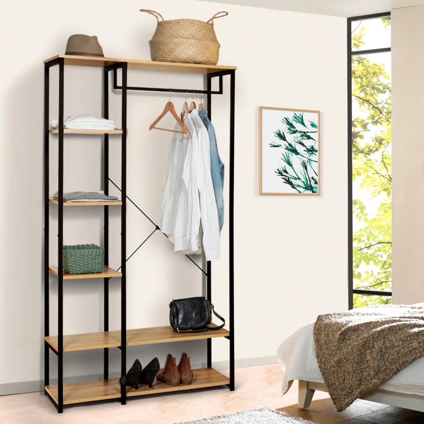 Clothes stand with metal frame, wooden shelves and hanging garments on side rails