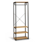 Black metal clothes stand with three MDF shelves and cross-brace frame, freestanding