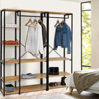 Black metal clothes stand with wood shelves and side hooks for hanging shirts