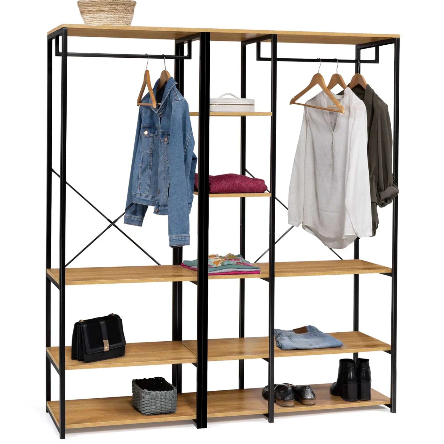 Open clothes rack with black metal frame, wood shelves, and hanging jeans and shirts