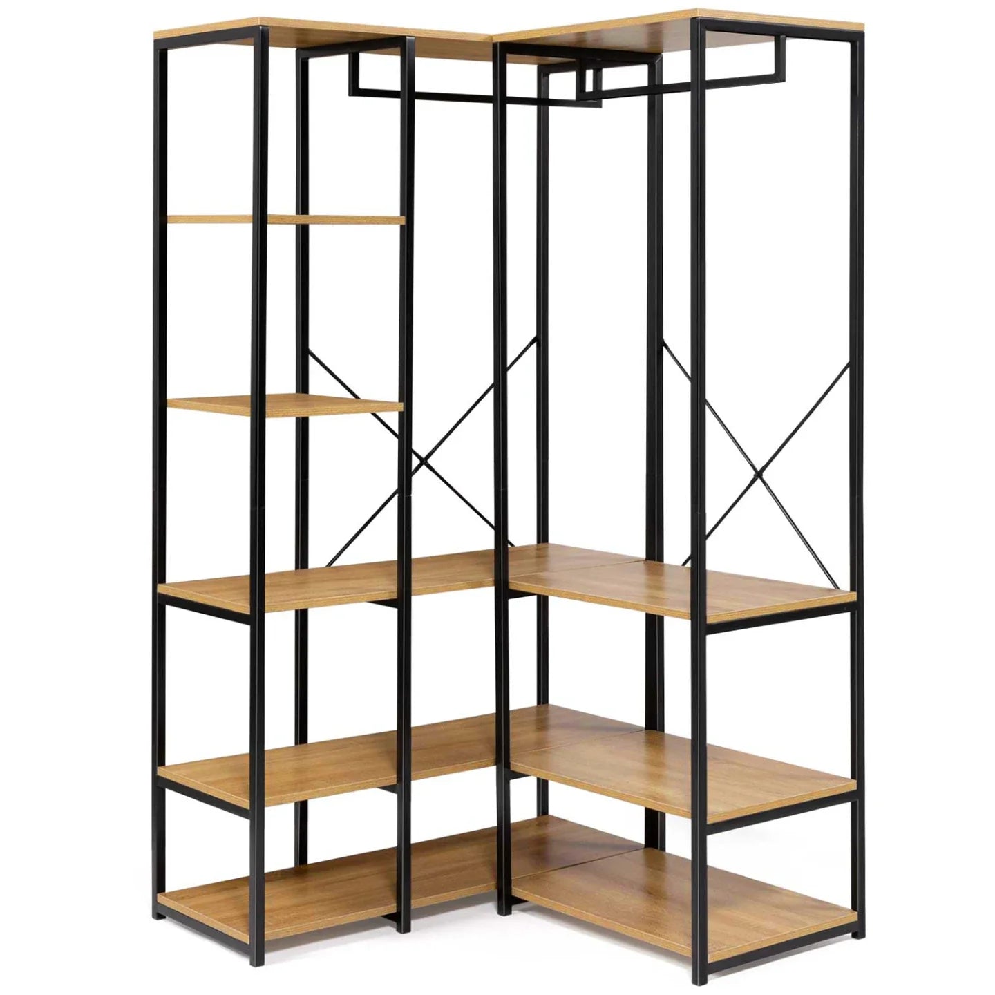 Corner clothes stand with black metal frame and light wood shelves, empty front view
