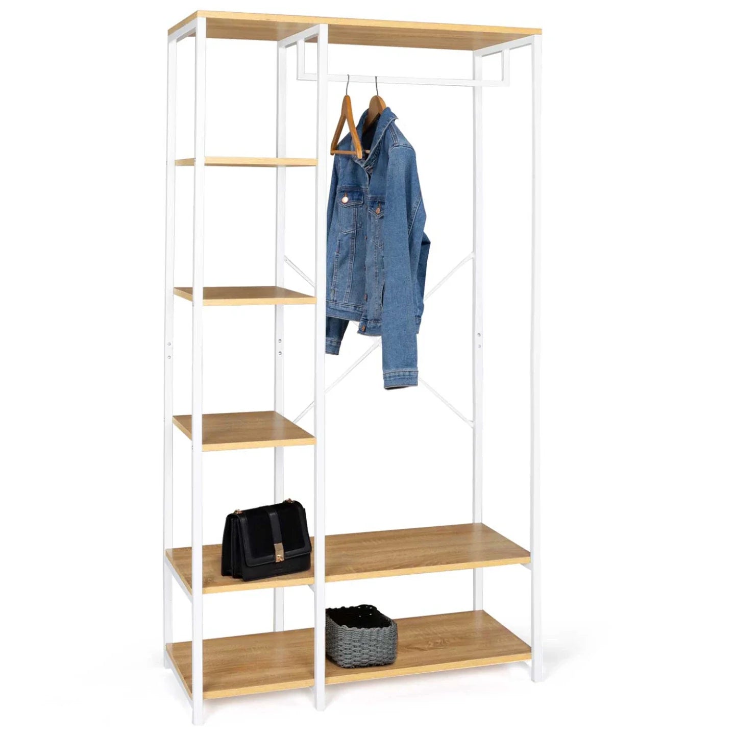 White metal clothes stand with light-wood shelves and hanging bar, front view with bag and basket