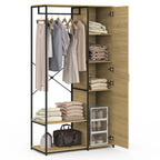 Clothes stand with open cabinet shelves, hanging coats, folded linens and handbags on base
