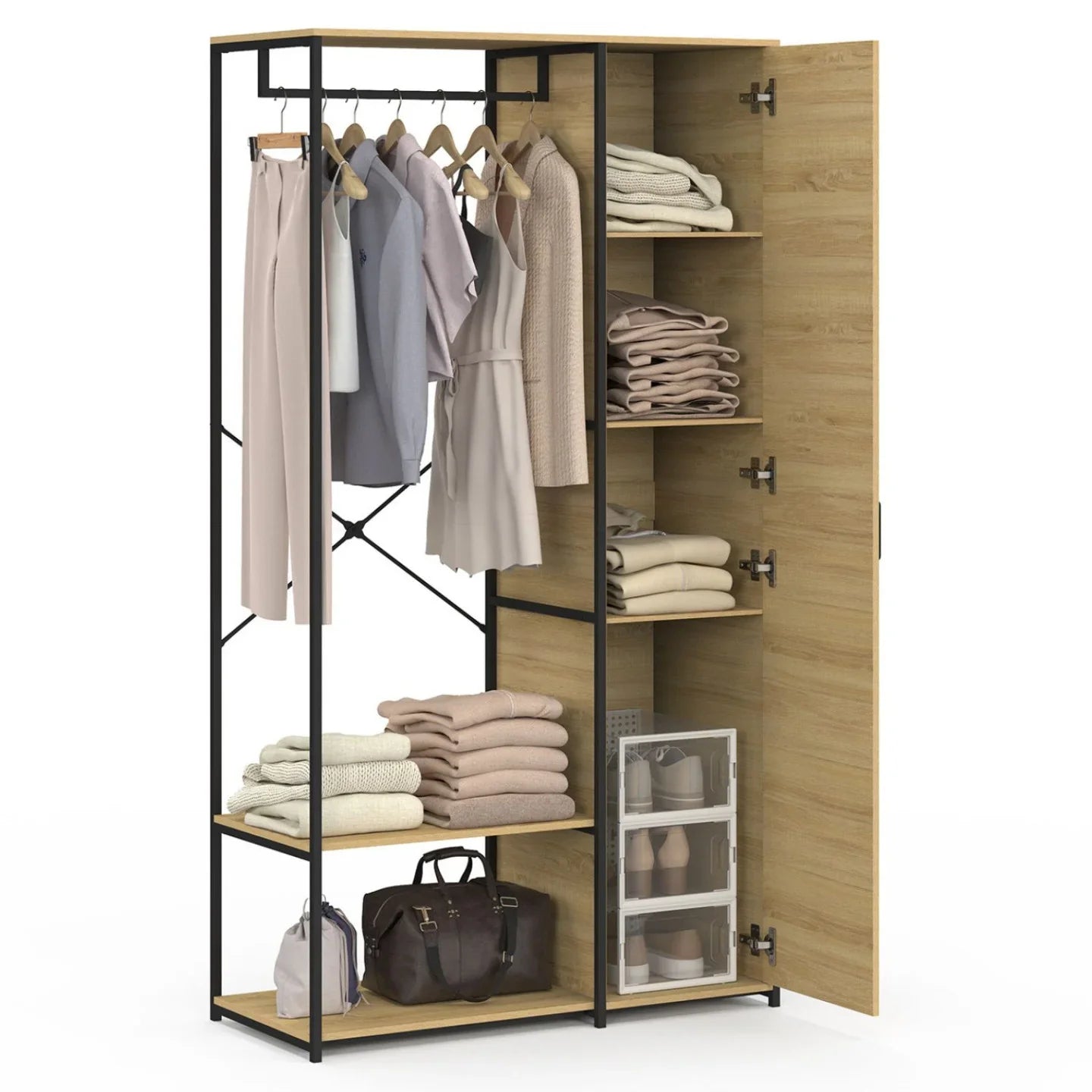 Clothes stand with open cabinet shelves, hanging coats, folded linens and handbags on base