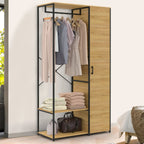 Metal clothes stand with hanging rail, folded blankets on lower shelf, light wood panels