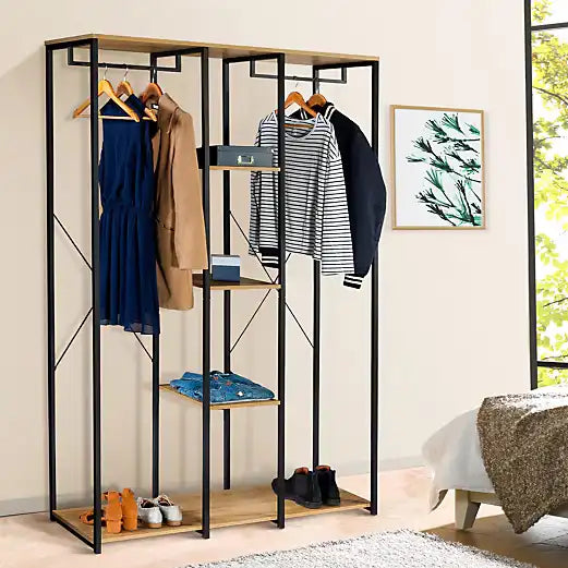 Metal clothing rack with hanging rails, 3 MDF shelves, and side shoe platform