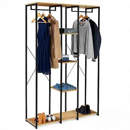 Clothes stand with black metal frame, hanging bar, and MDF shelves with shoe shelf