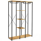 Freestanding metal clothes rack with wooden MDF shelves and bottom shoe storage