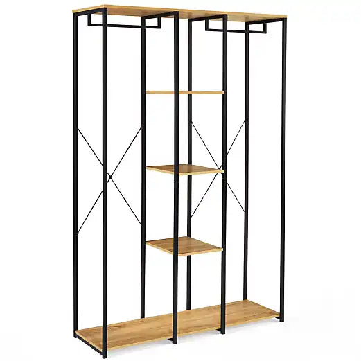 Freestanding metal clothes rack with wooden MDF shelves and bottom shoe storage