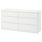 White MDF dresser unit front view with long top drawer and lower cabinet doors, flat panels