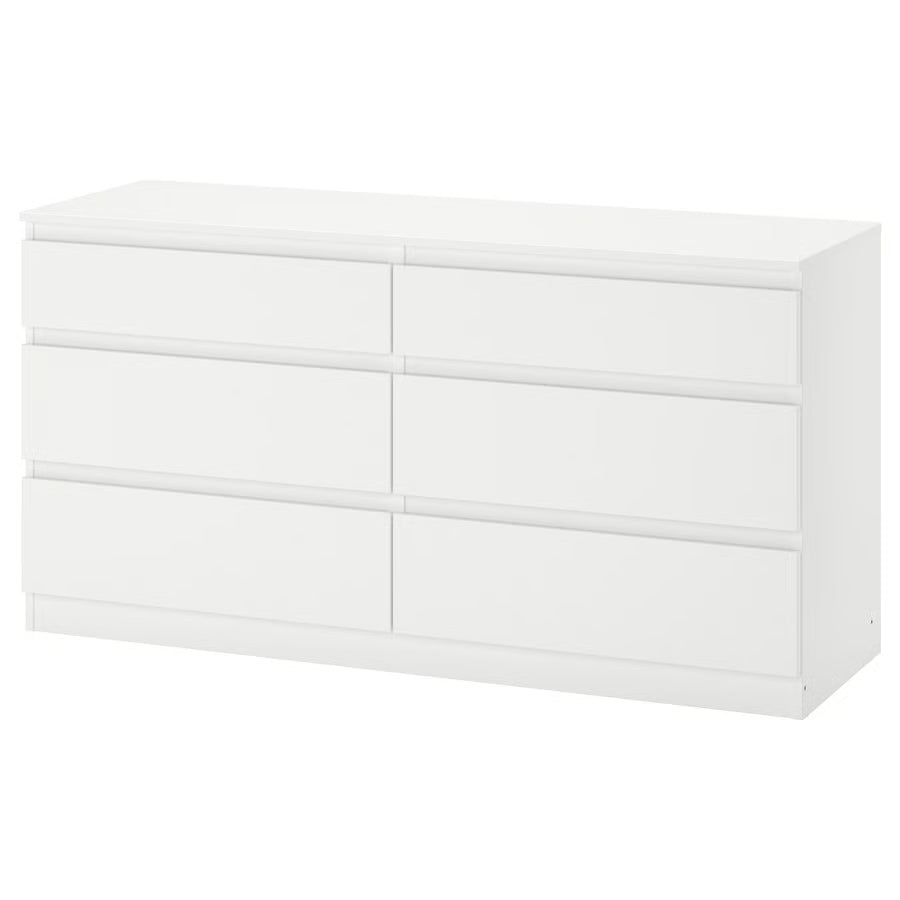 White MDF dresser unit front view with long top drawer and lower cabinet doors, flat panels