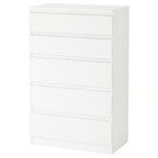 White MDF dresser with four stacked drawers, plain front and side panels