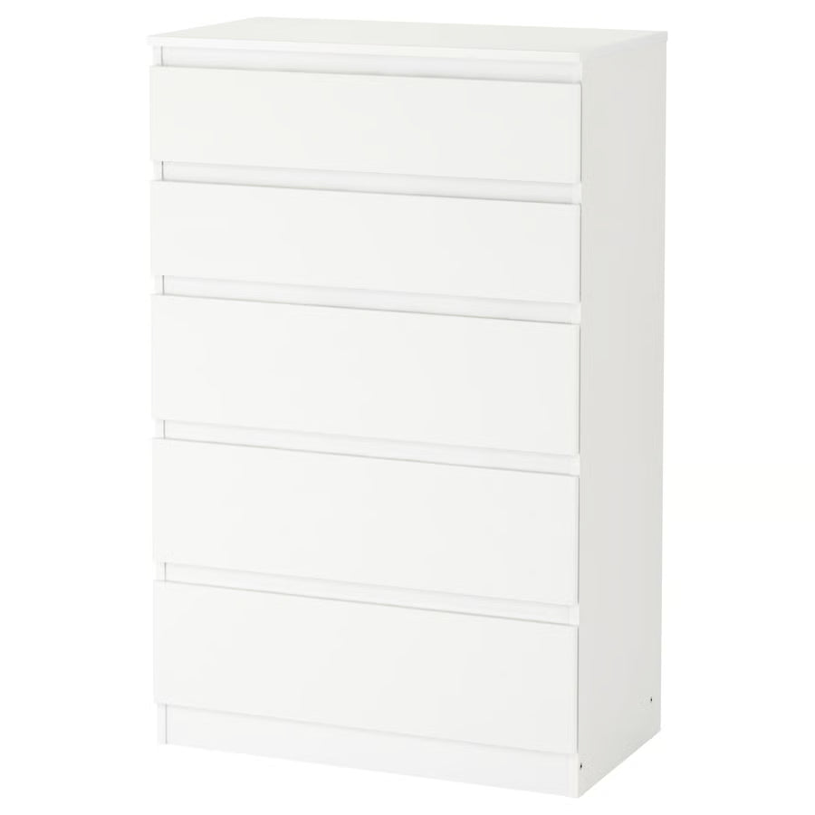 White MDF dresser with four stacked drawers, plain front and side panels
