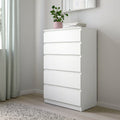 White MDF dresser with four stacked drawers, front view