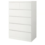 White dresser front with two upper cabinet doors and four horizontal drawers
